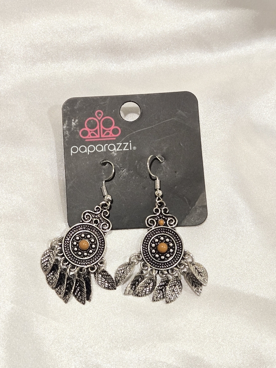 paparazzi Jewelry - paparazzi Silver-Tone Bohemian Medallion Earrings with Brown Accents
